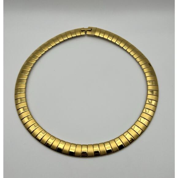 Gold Tone Choker Necklace 80s Egyptian Style Link Shiny Matte Collar Statement - Picture 1 of 8